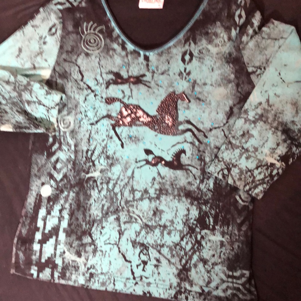 CACTUS BAY "heiroglyphics" TOP NWOT  XL HORSES